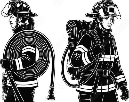 Vector illustration set of female firefighters in protective gear holding a fire hose and wearing a water tank in black and white line art.