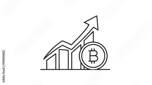 Bitcoin logo with rising graph in simple line art style on white background for cryptocurrency finance