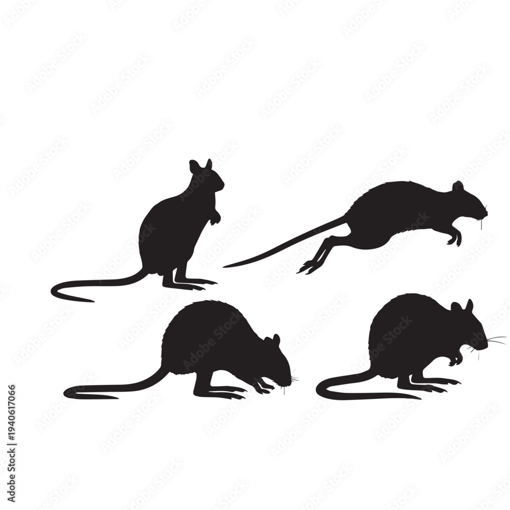 Fototapeta premium Kangaroo Rat Silhouette Set – Black and White Vector IllustrationKangaroo Rat Vector Silhouettes Collection – Desert Rodent ClipartKangaroo Rat Silhouette Pack – Wildlife Black White Vector