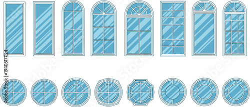 Decorative window glass set with arched, rectangular, and round frame designs isolated on white background for architecture, interior design, and building elements