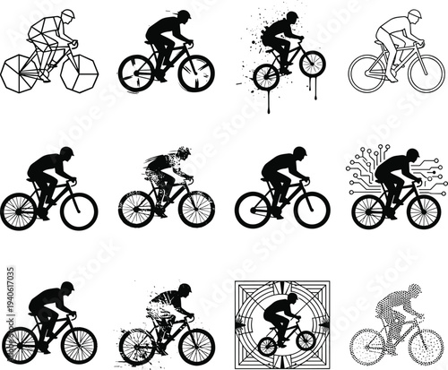 Collection of cyclist and bicycle rider silhouettes, road cycling sport icons, mountain bike rider vector set, black biking illustrations isolated for fitness, racing and transportation design
