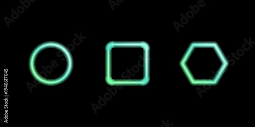 Three glowing geometric shapes, a circle, square, and hexagon, display vibrant green teal gradients on a dark field