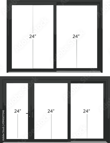 Sliding house window frame illustration with measurement labels isolated on white background for architecture planning, home renovation, construction drawing, and installation concepts