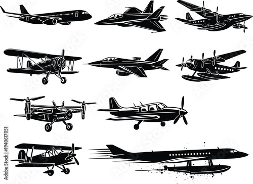 Collection of airplane silhouettes including jet fighter, passenger aircraft, propeller plane and seaplane, aviation transport icon set, black aircraft vector illustration isolated