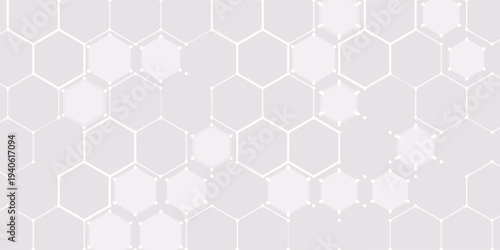 White hexagonal grid abstract background offers clean minimal tech aesthetic with soft glossy panels, subtle shadows, faint connection lines and geometric repetition ideal for corporate branding,