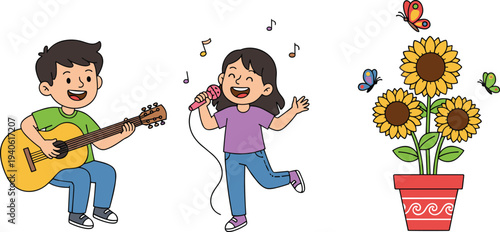Cartoon children singing and playing guitar with sunflowers, butterflies, and musical notes in cheerful design