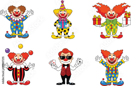 Cartoon clowns juggling, gift giving, and magician with cards in cheerful circus entertainment children’s design