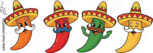 Cartoon chili peppers with sombreros, mustaches, and expressive faces in cheerful festive Mexican food design