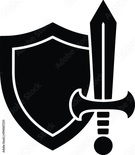 Vector shield and sword icon, black silhouette