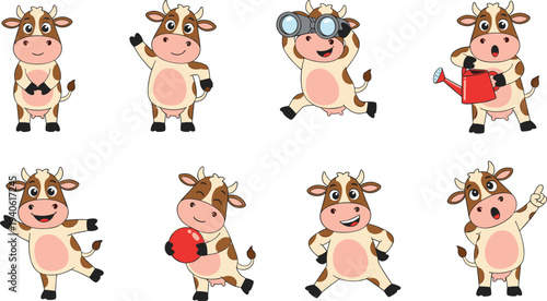 Cartoon cows in playful poses with binoculars, watering can, ball, and expressive gestures for children’s design