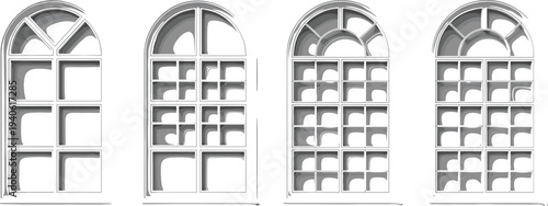 Arched window frame set with multiple pane styles illustration isolated on white background for architecture, interior design, construction, and classic building elements