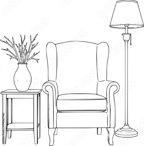 Line of a wingback armchair next to a side table with a vase and a floor lamp furniture