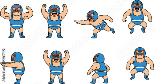 Cartoon luchador wrestler in dynamic poses with mask and costume for playful character design and children’s projects