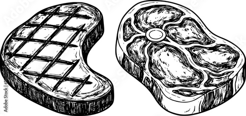 Hand Drawn Black And White Steak White Background meat food
