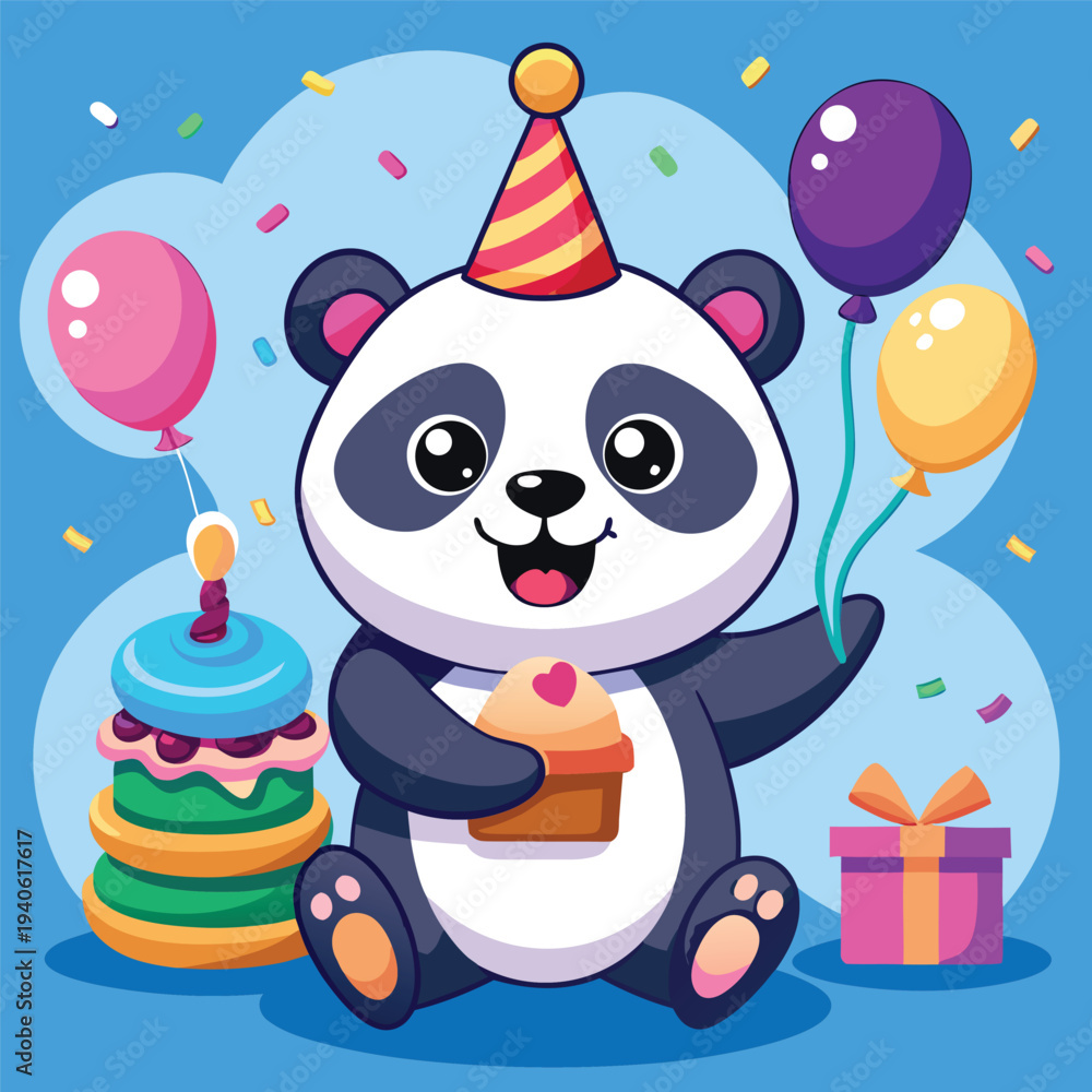 Fototapeta premium Cute Birthday Panda with Balloons Cake and Gift Cartoon Vector Illustration