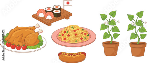 Cartoon food dishes with roasted chicken, sushi, spaghetti, hot dog, and potted plants in cheerful design