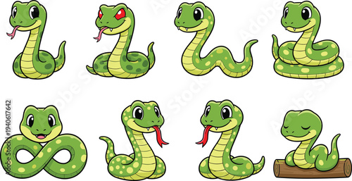 Cartoon snakes with playful poses, friendly, angry, cheerful, and sleeping expressions for children’s design
