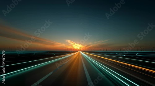Empty modern highway stretching horizon during golden sunset no cars, warm orange sky blending deep twilight blue flowing luminous green electric blue energy ribbons along road lines renewable energy