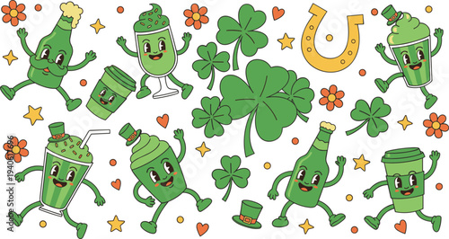 Cartoon St. Patrick’s Day drinks with shamrocks, clovers, hats, horseshoe, and festive decorations