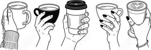 Hand drawn line art illustration of various hands holding coffee mugs, teacups, and takeout paper cups with latte art isolated on white background.