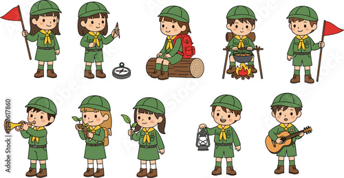 Collection of cute cartoon boy and girl scouts participating in camping activities including cooking, hiking, and playing music on white.