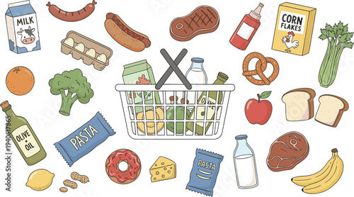 Collection of grocery store food items with shopping basket milk eggs pasta vegetables and meat for supermarket shopping vector