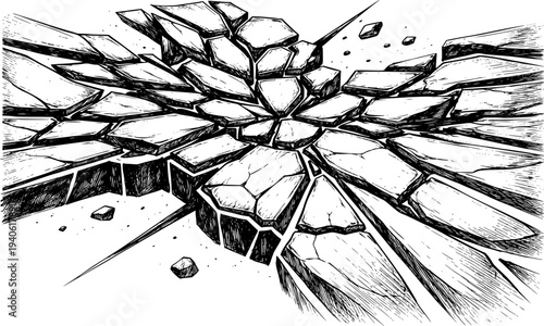 Black and White Ink of Shattered Ground Exploding Outward with Sharp Jagged Edges