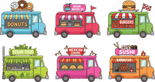 Set of colorful food truck vector illustrations featuring donuts asian noodles burgers vegan food mexican cuisine and barbecue barbecue.