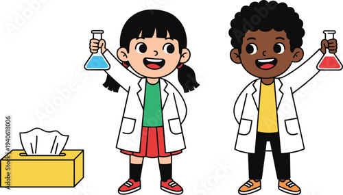 Cute cartoon boy and girl student scientists wearing white lab coats holding chemical flasks for school STEM education vector.