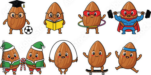 Set of cute cartoon almond characters with graduation cap reading book superhero costume and fitness workout themes vector.