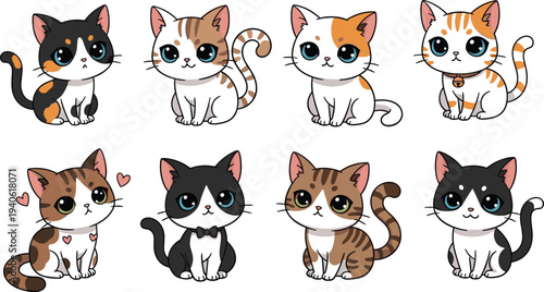 Collection of cute cartoon kittens with big blue eyes featuring various cat breeds and markings isolated on white background.
