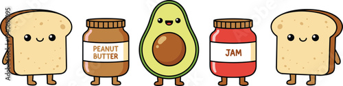 Set of cute cartoon bread slices avocado peanut butter and jam jars characters for healthy breakfast cafe and sticker vector.