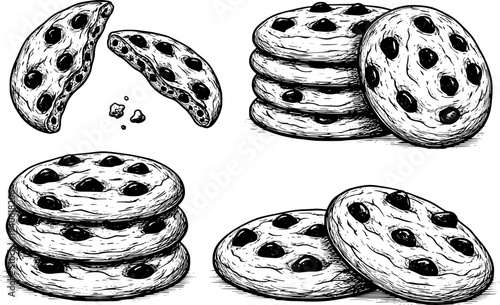Hand drawn black and white of chocolate chip cookies stacked and broken apart baked
