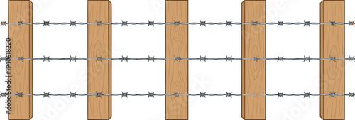 Barbed wire fence with wooden posts vector illustration for security boundary protection and farm ranch perimeter safety design.