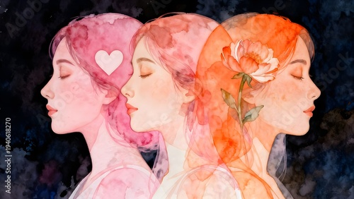 Abstract watercolor illustration of three female profiles representing emotions and mental health