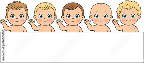 Cartoon babies smiling and waving behind blank banner in cheerful playful children’s design