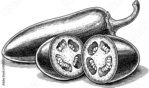 Detailed black and white engraving of whole and sliced jalapeno peppers a white background