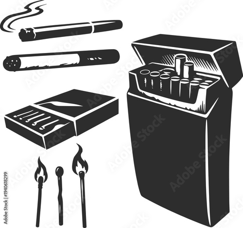 Cigarette Pack Smoking Tobacco and Matches Vector Icon Set.