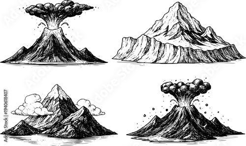 Hand Drawn Volcanic Eruptions and Mountain Peaks Set Black Ink volcano nature
