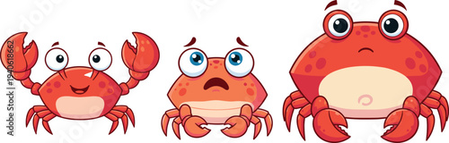 Collection of three cute red cartoon crabs with different facial expressions and poses isolated on a white background.