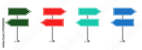 Four directional signs with different colors pointing right on metal poles isolated on a plain background