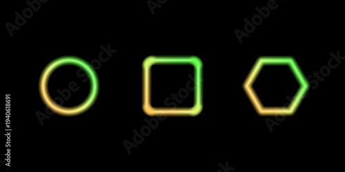 Three luminous geometric outlines glow with a brilliant green and yellow gradient on a dark background