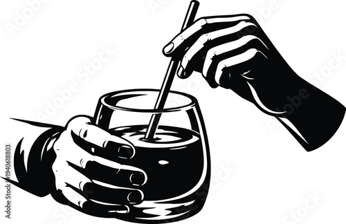Hand Stirring Drink Illustration, Cocktail Glass Beverage Vector Art.