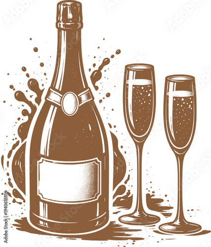 Champagne Bottle and Glasses Celebration Illustration, Elegant Sparkling Wine Splash Vector.