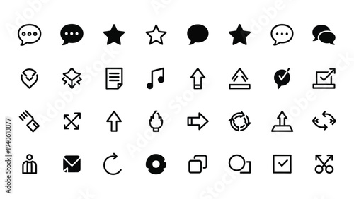 A collection of various black icons on a white background