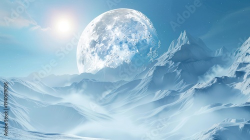 Fantasy landscape with giant moon above snow covered mountains at daytime