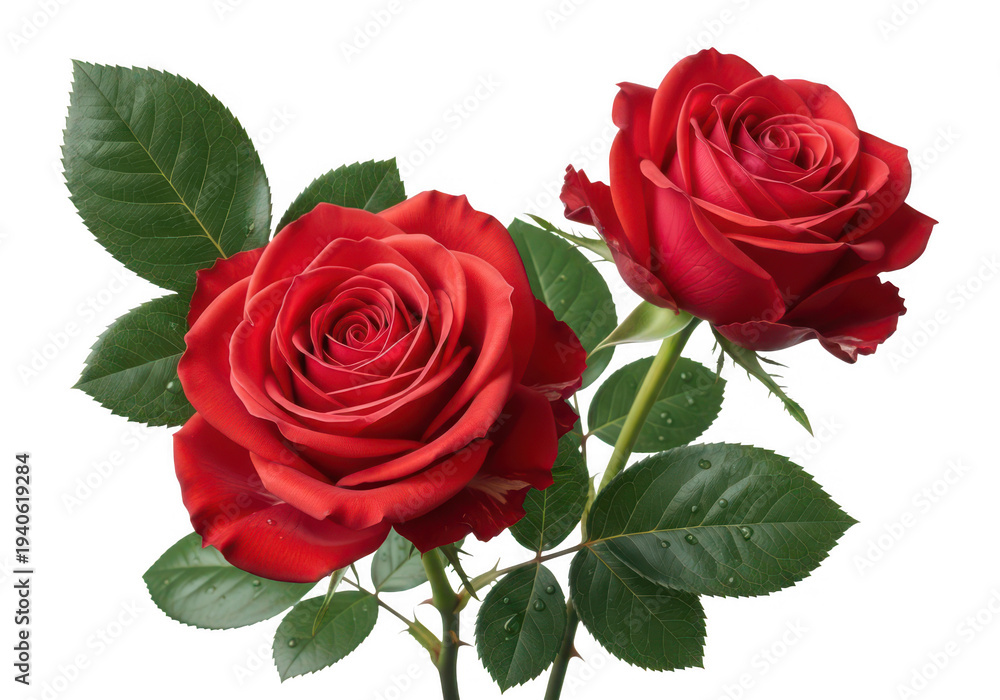 Naklejka premium Two vibrant red roses with green leaves detailed petals on transparent background