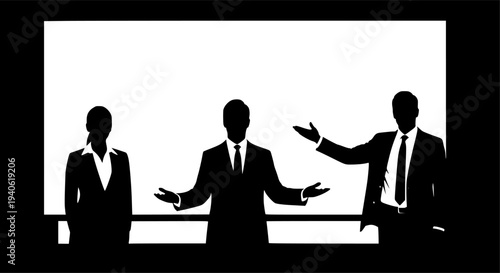 Solid black silhouettes set of business people in a meeting, professional team communication and corporate presentation vector illustration.