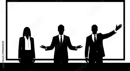 Solid black silhouettes set of business people in a meeting, professional team communication and corporate presentation vector illustration.