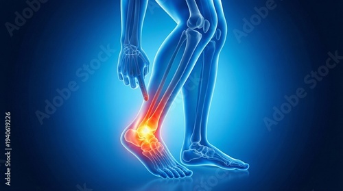 3D rendered medical illustration of a human skeleton showing anatomy of the spine and a painful blue joint injury in a woman's shoulder